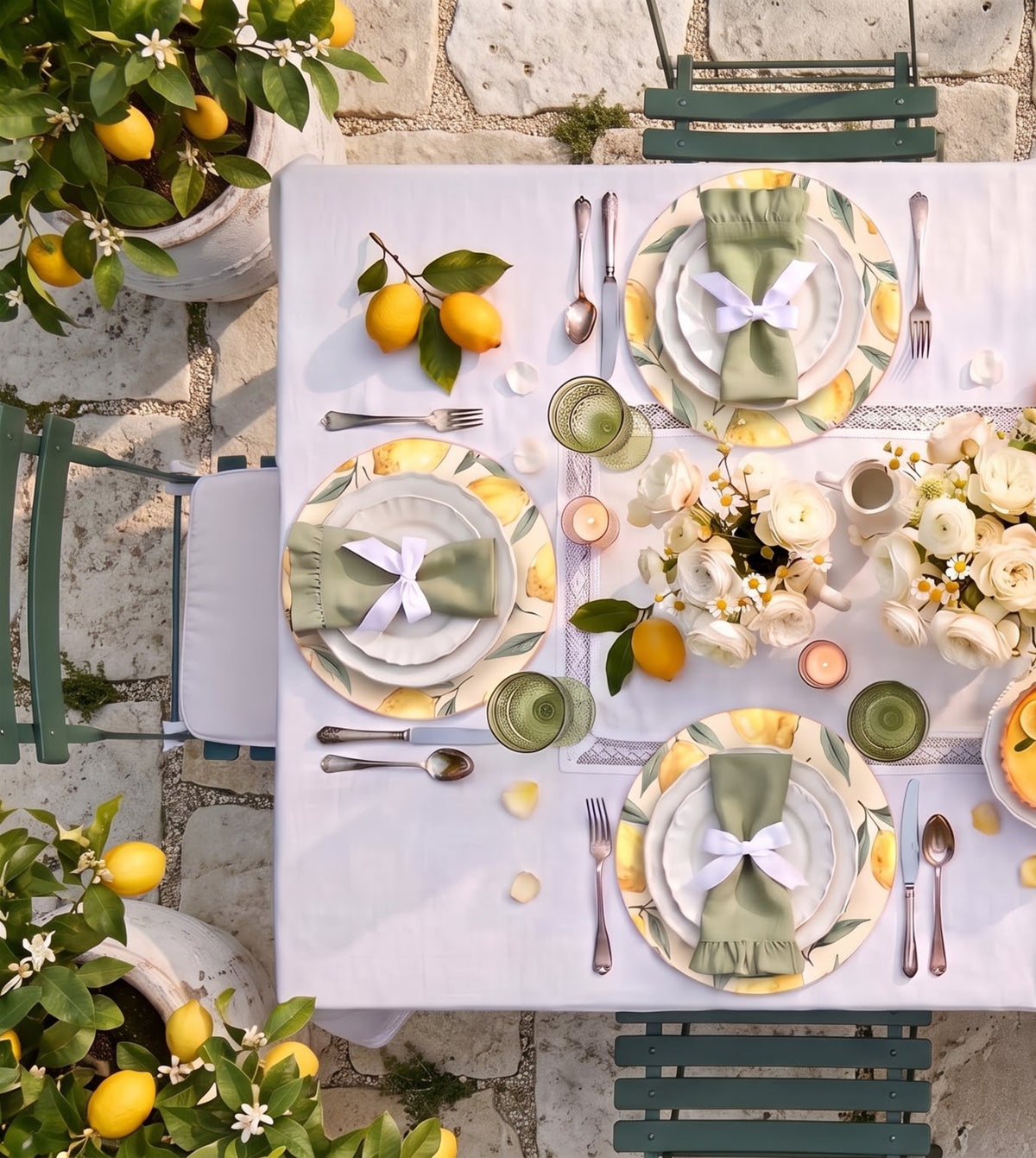 Amalfi Lemon placemats on a laid table, seen from above