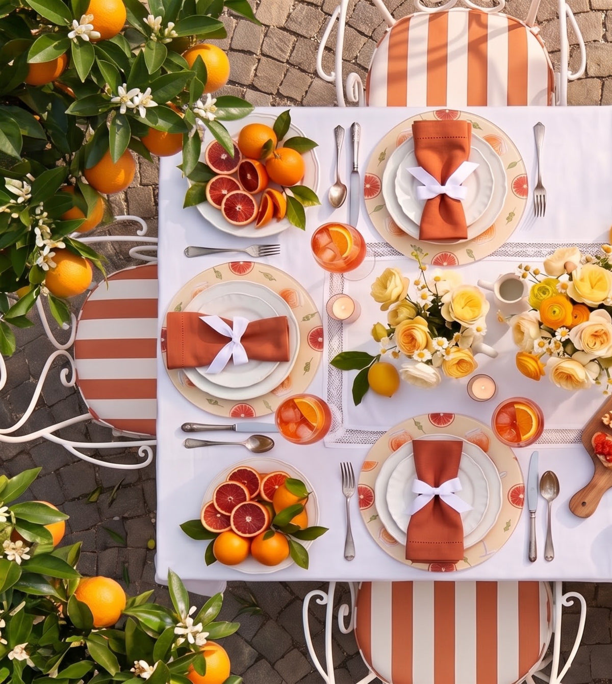 Aperitivo Spritz Cocktail placemats on a laid table, seen from above