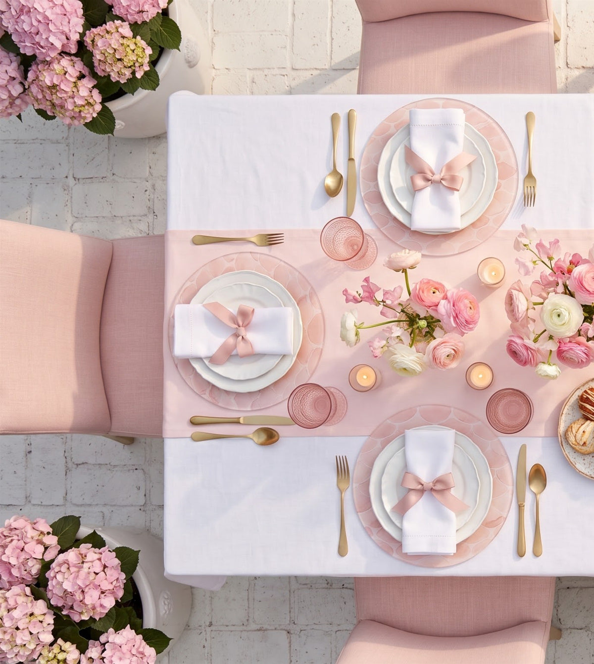 Blush Pink Scalloped placemats on a laid table, seen from above