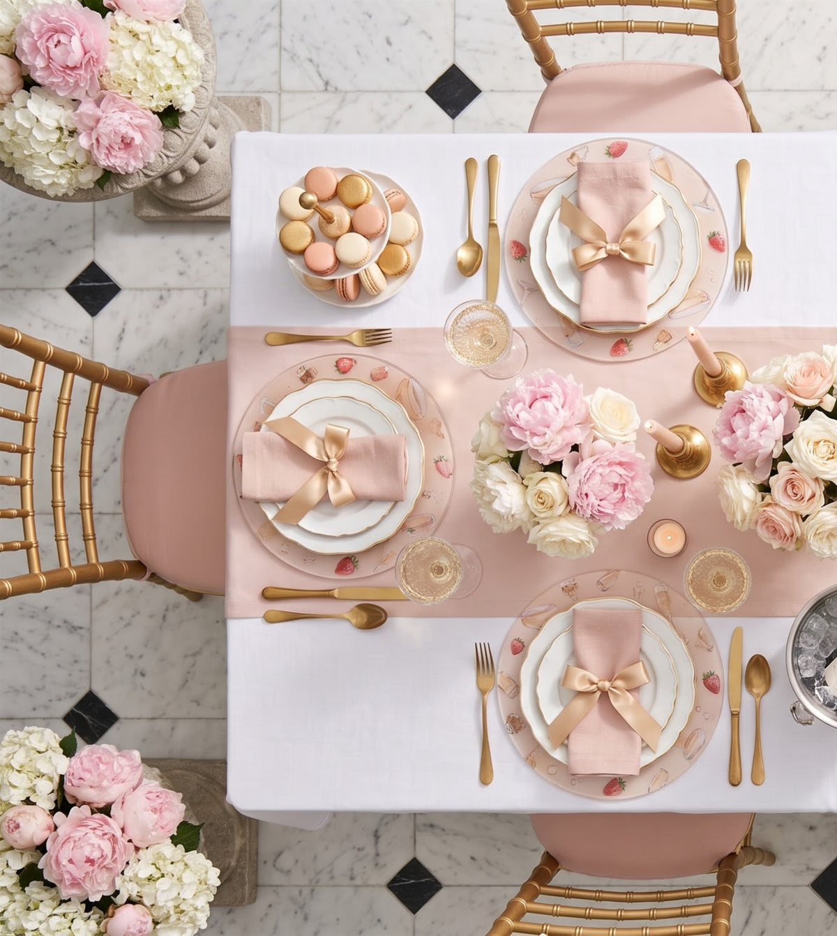 Champagne placemats on a laid table, seen from above