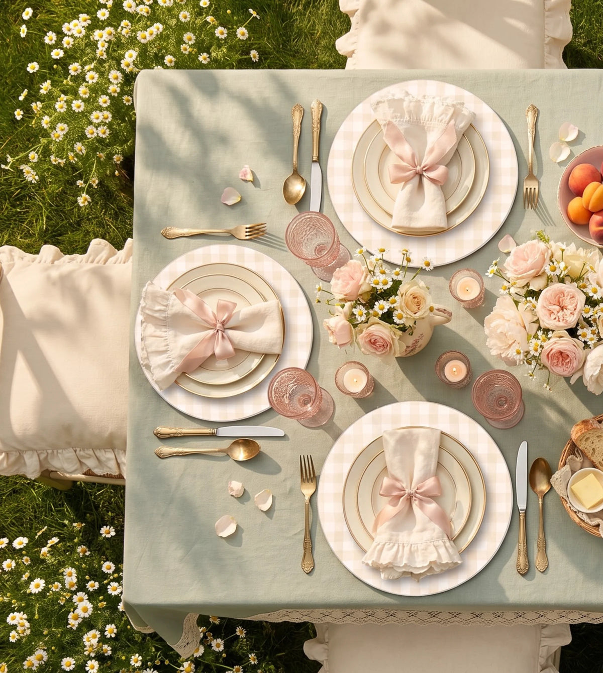 Crema Cream Gingham placemats on a laid table, seen from above