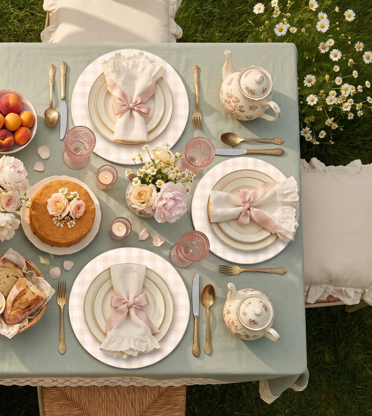 Crema Cream Gingham round placemats, set of six on a table