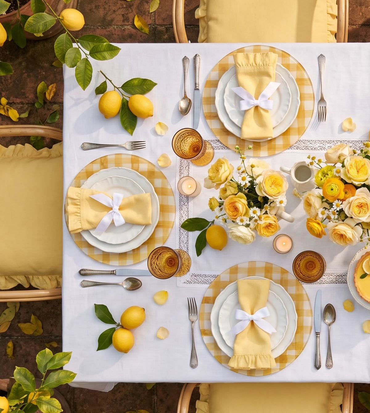 Lemon Yellow Gingham placemats on a laid table, seen from above