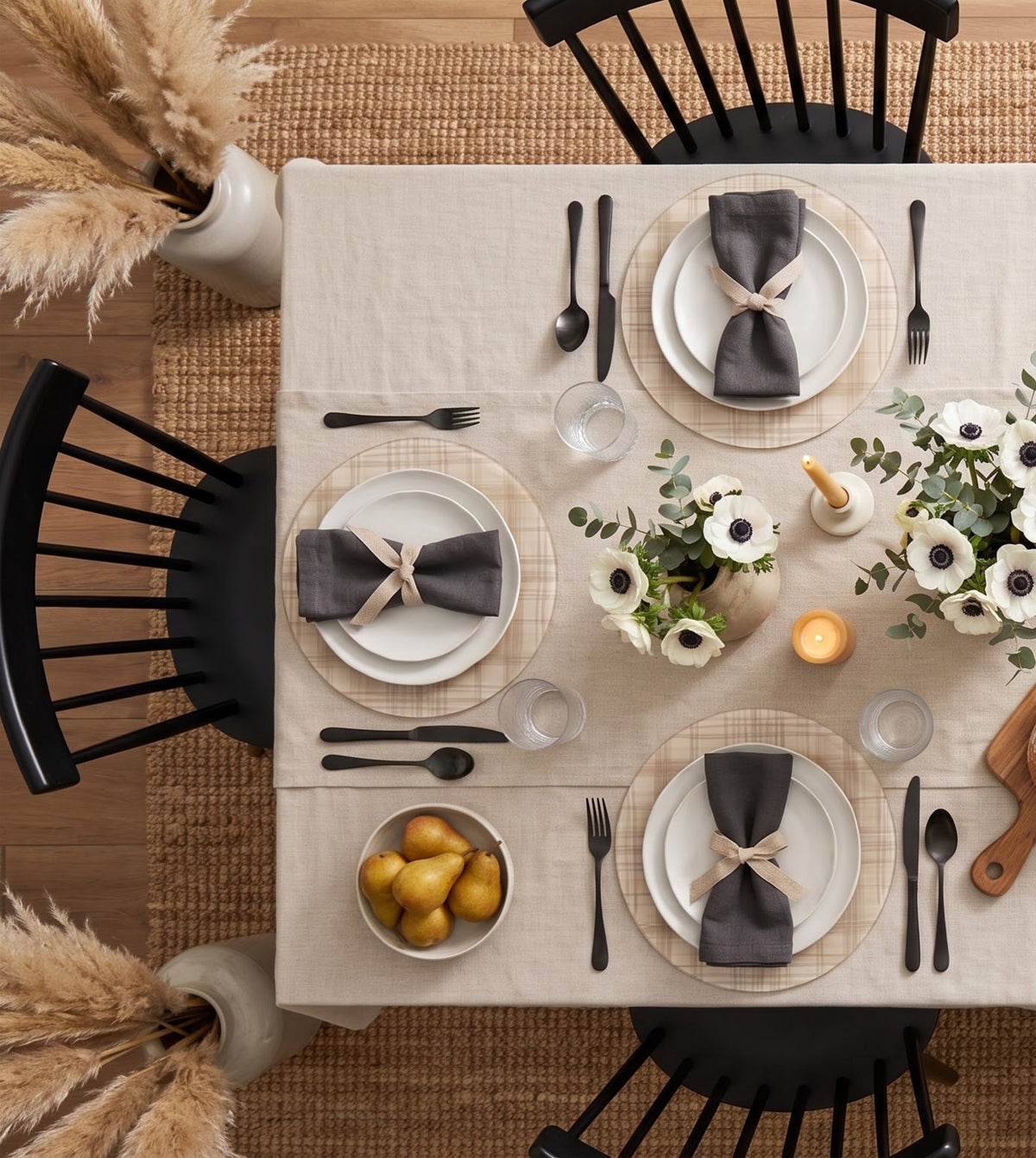 Natural Linen Look placemats on a laid table, seen from above