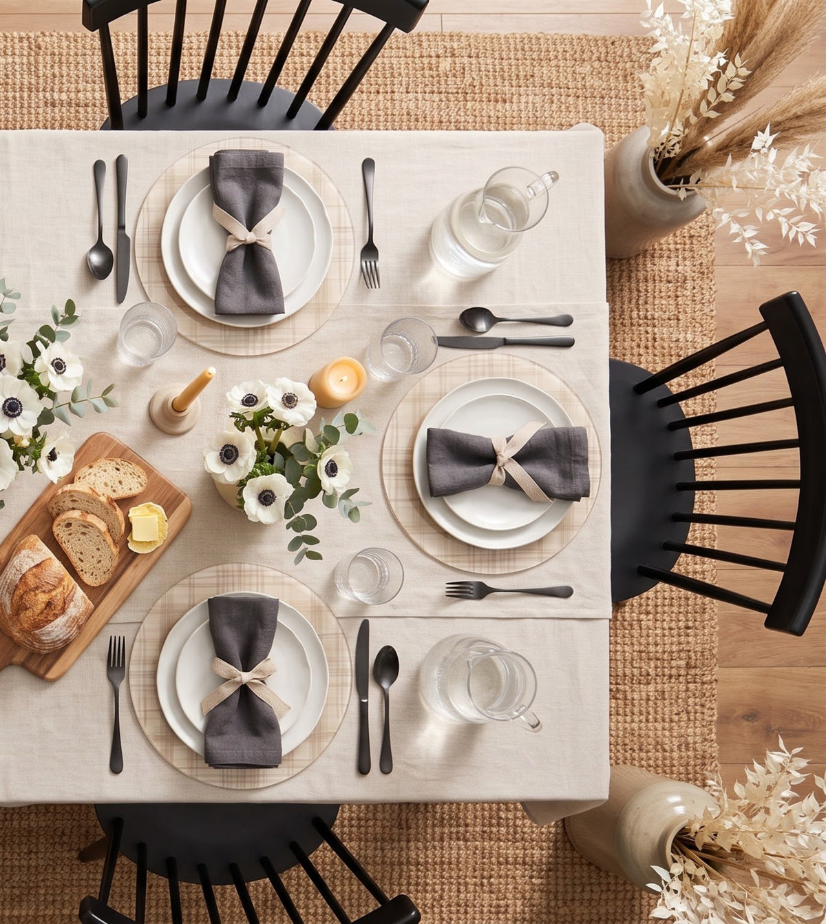 Natural Linen Look round placemats, set of six on a table