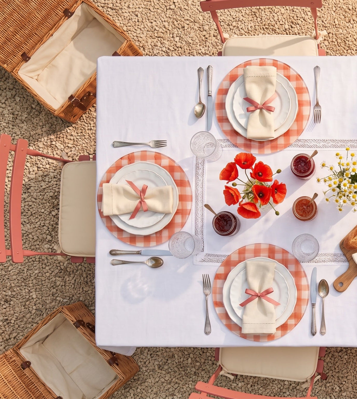 Picnic Red Gingham placemats on a laid table, seen from above
