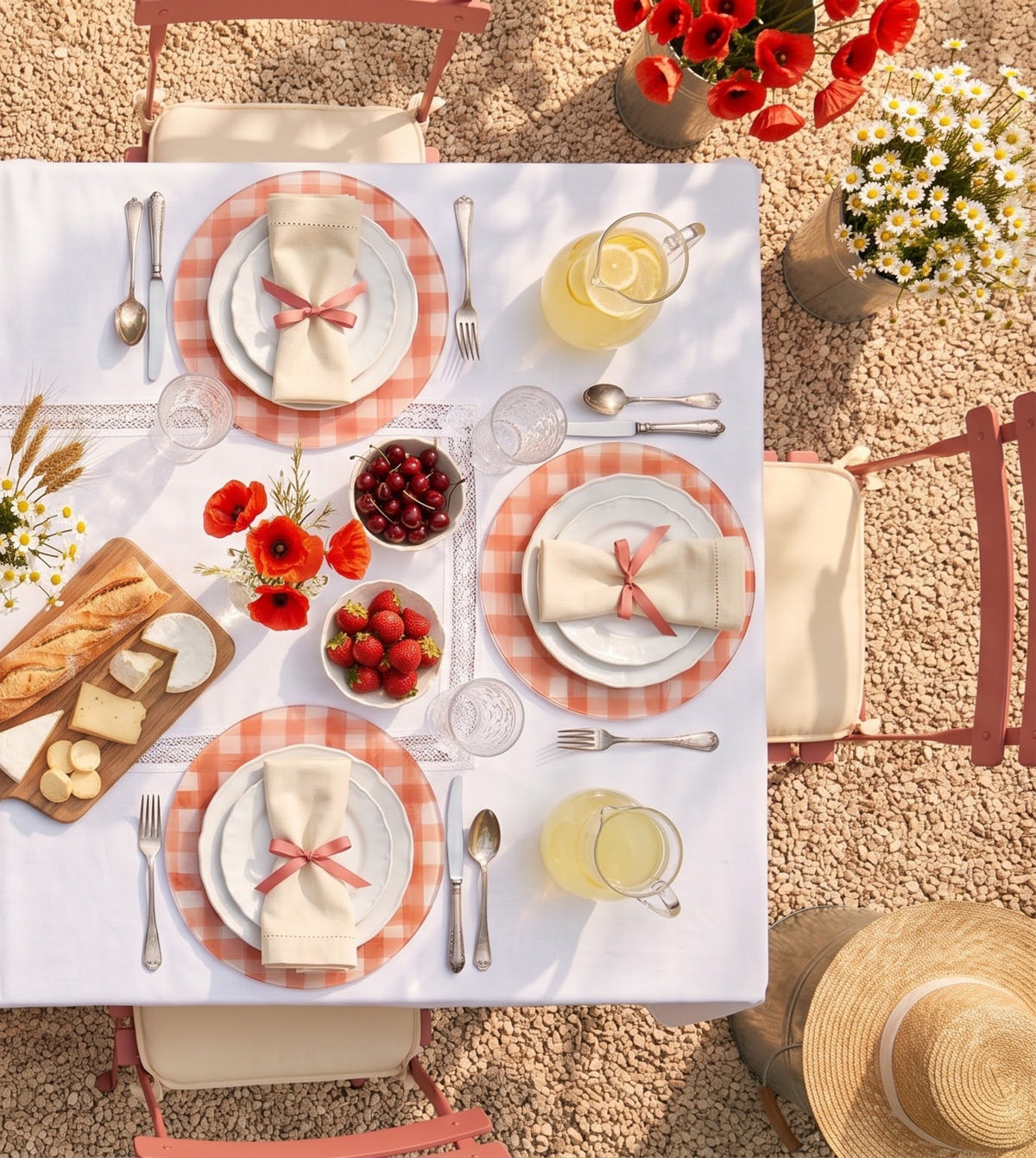 Picnic Red Gingham round placemats, set of six on a table