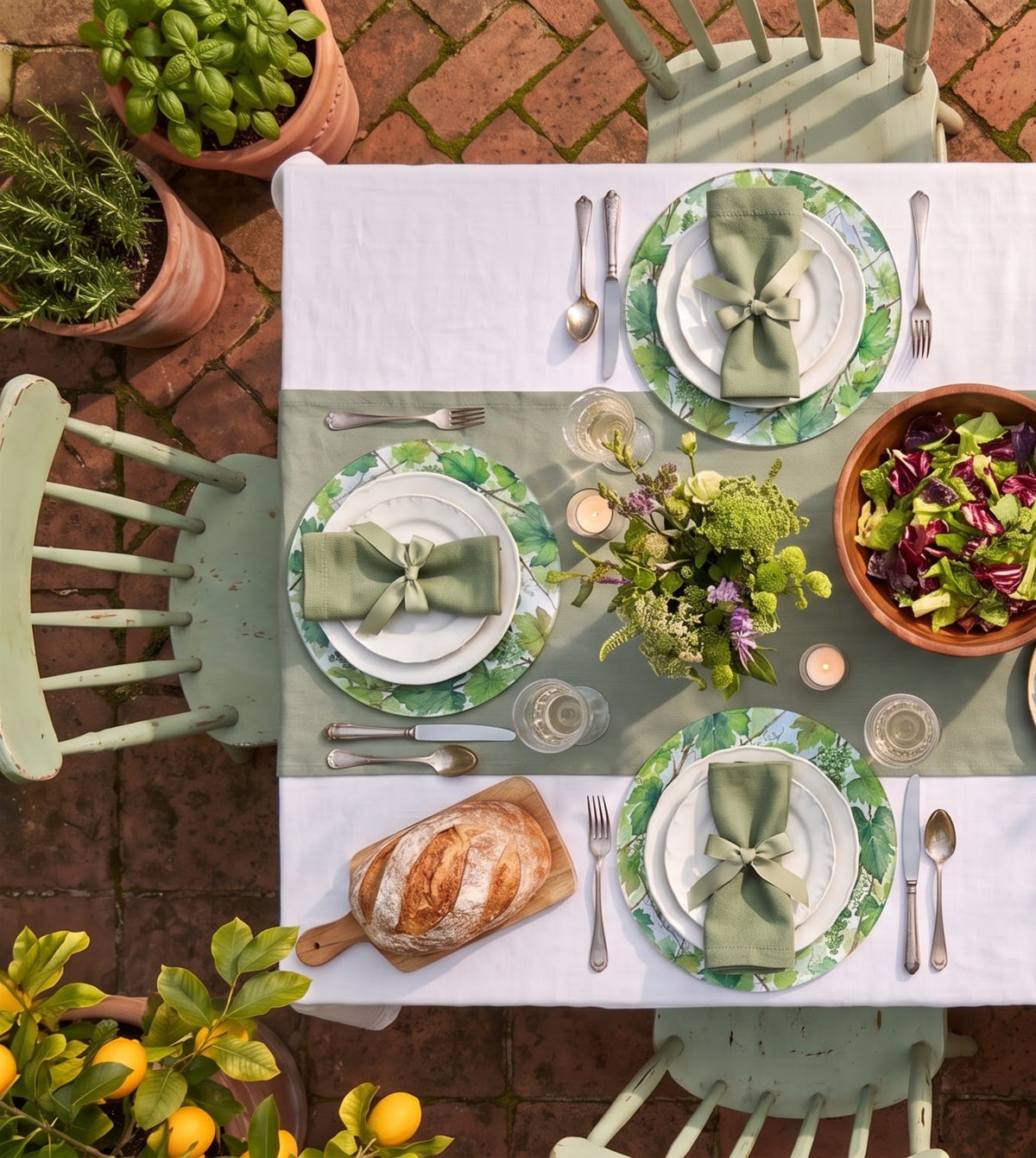 Table set with Pergola leaf texture placemats, seen from above