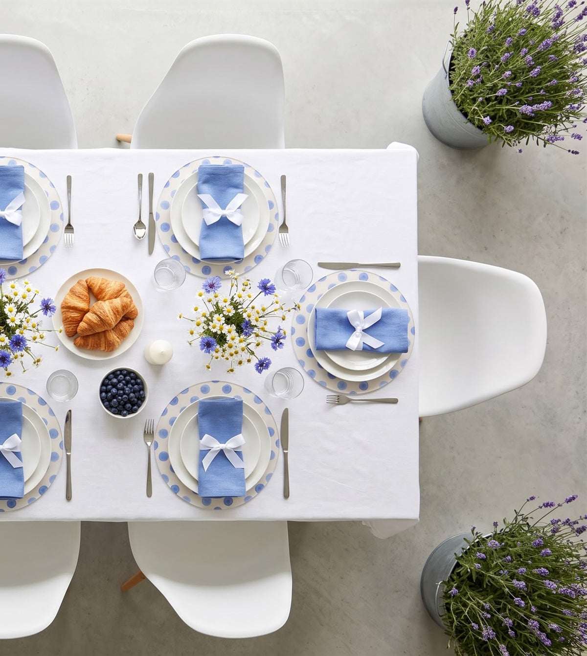 Blue Polka Dot round placemats, set of six on a table