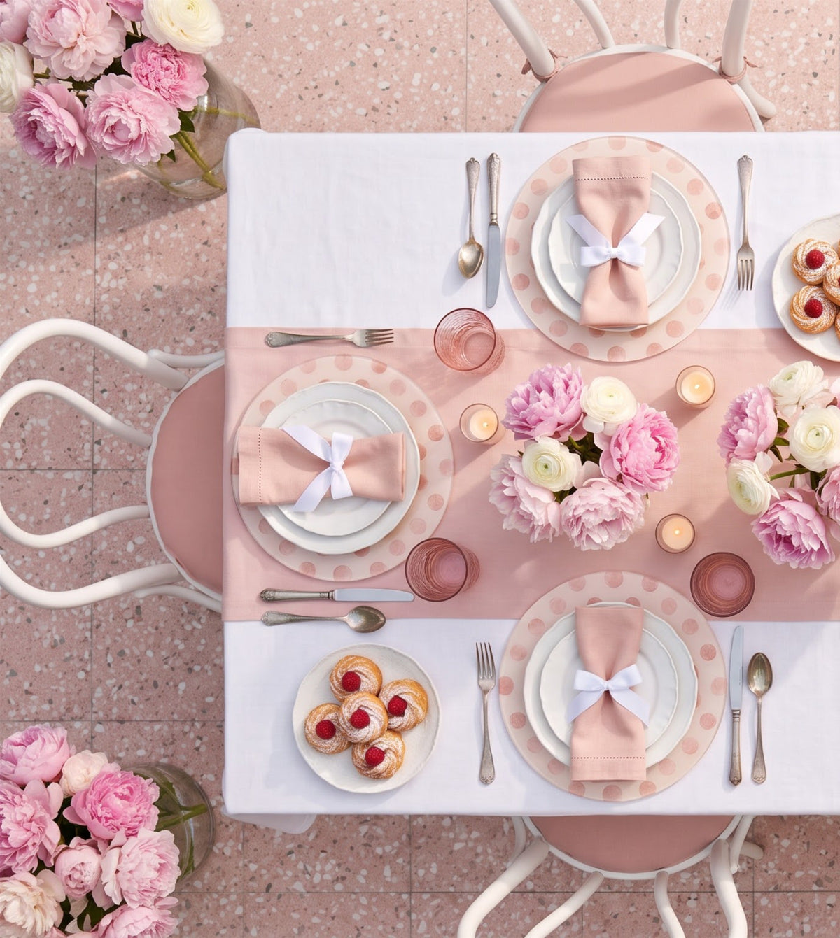 Table set with Pink Polka blush pink dot placemats, seen from above