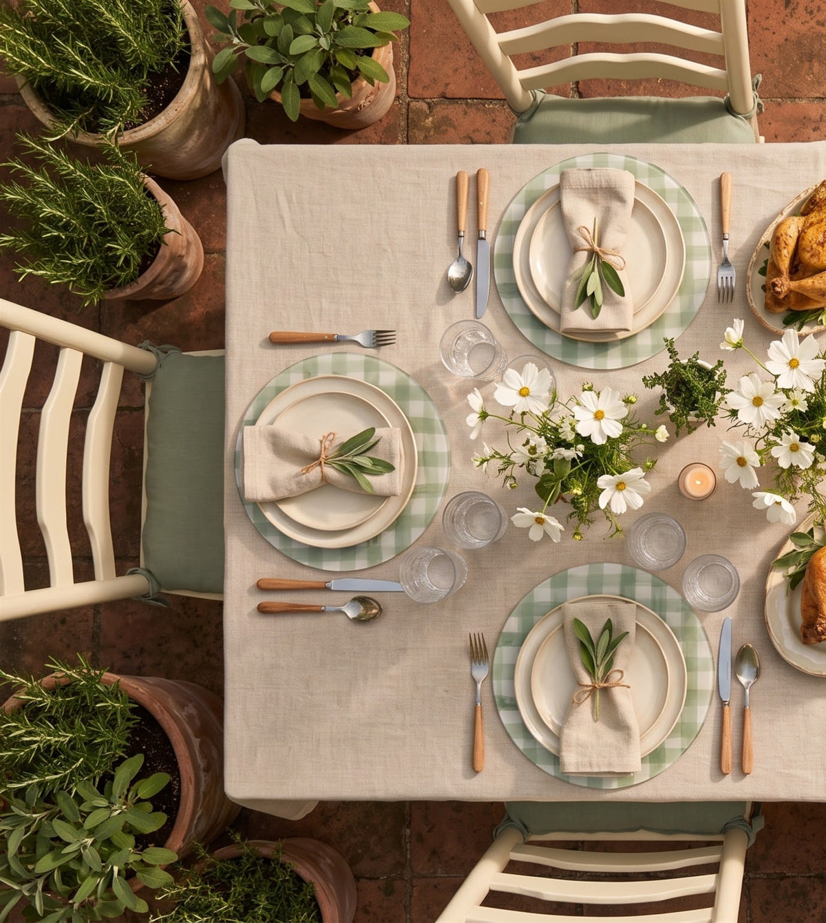 Sage Green Gingham placemats on a laid table, seen from above