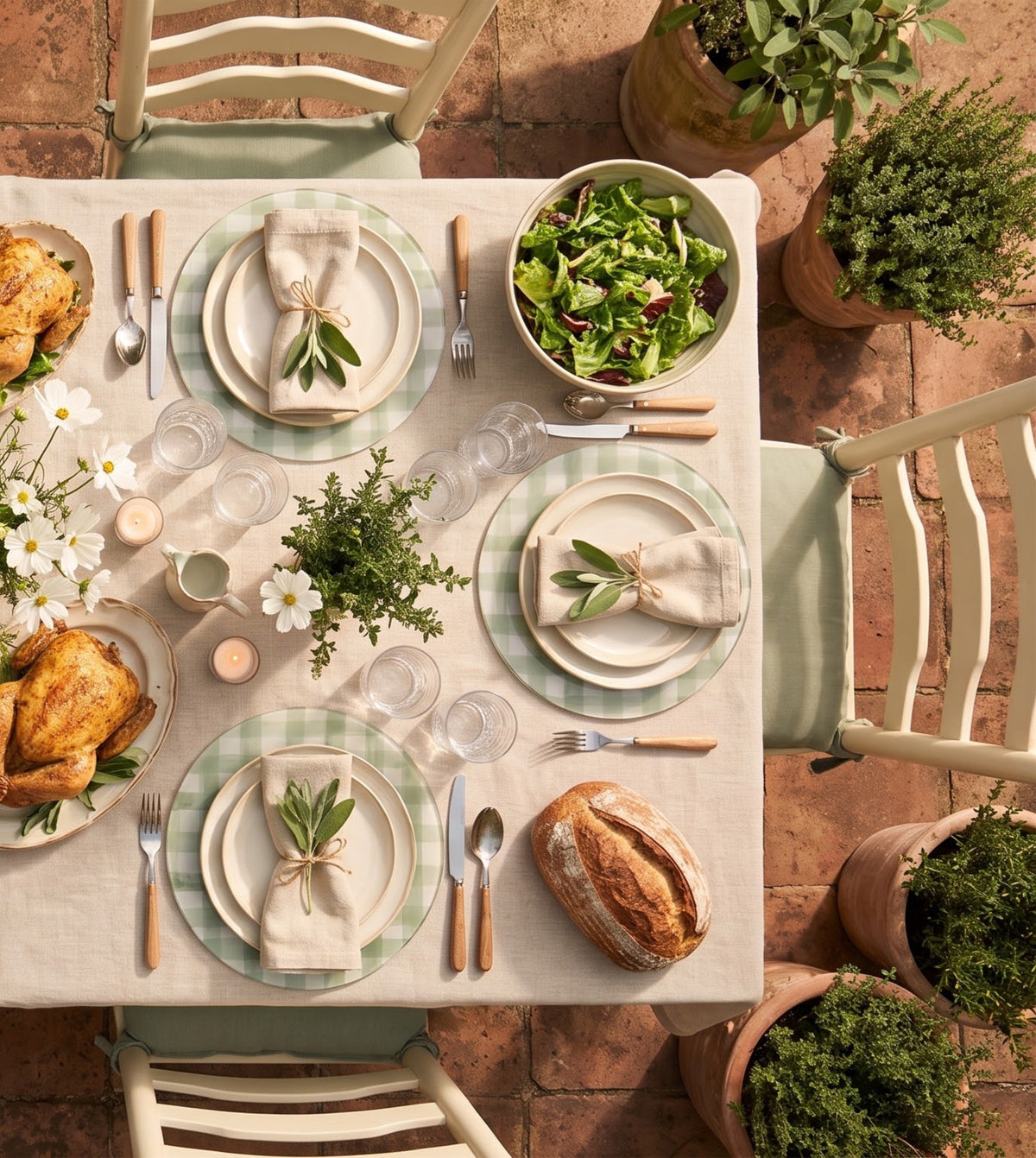 Sage Green Gingham round placemats, set of six on a table