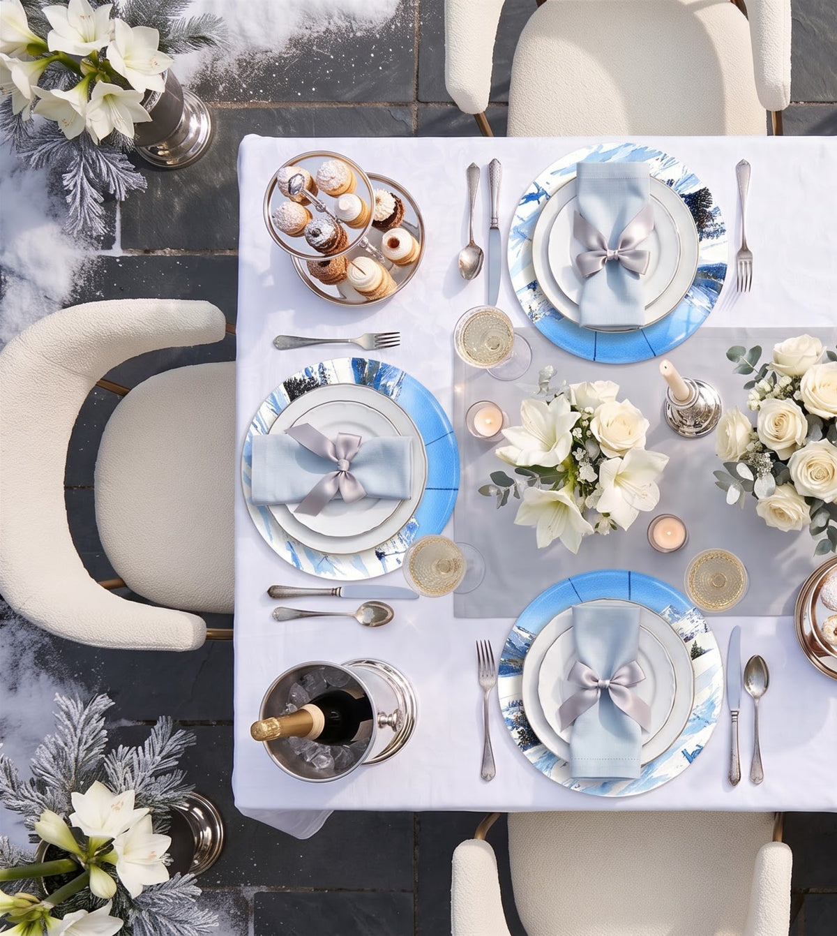 St. Moritz Ski Lift placemats on a laid table, seen from above