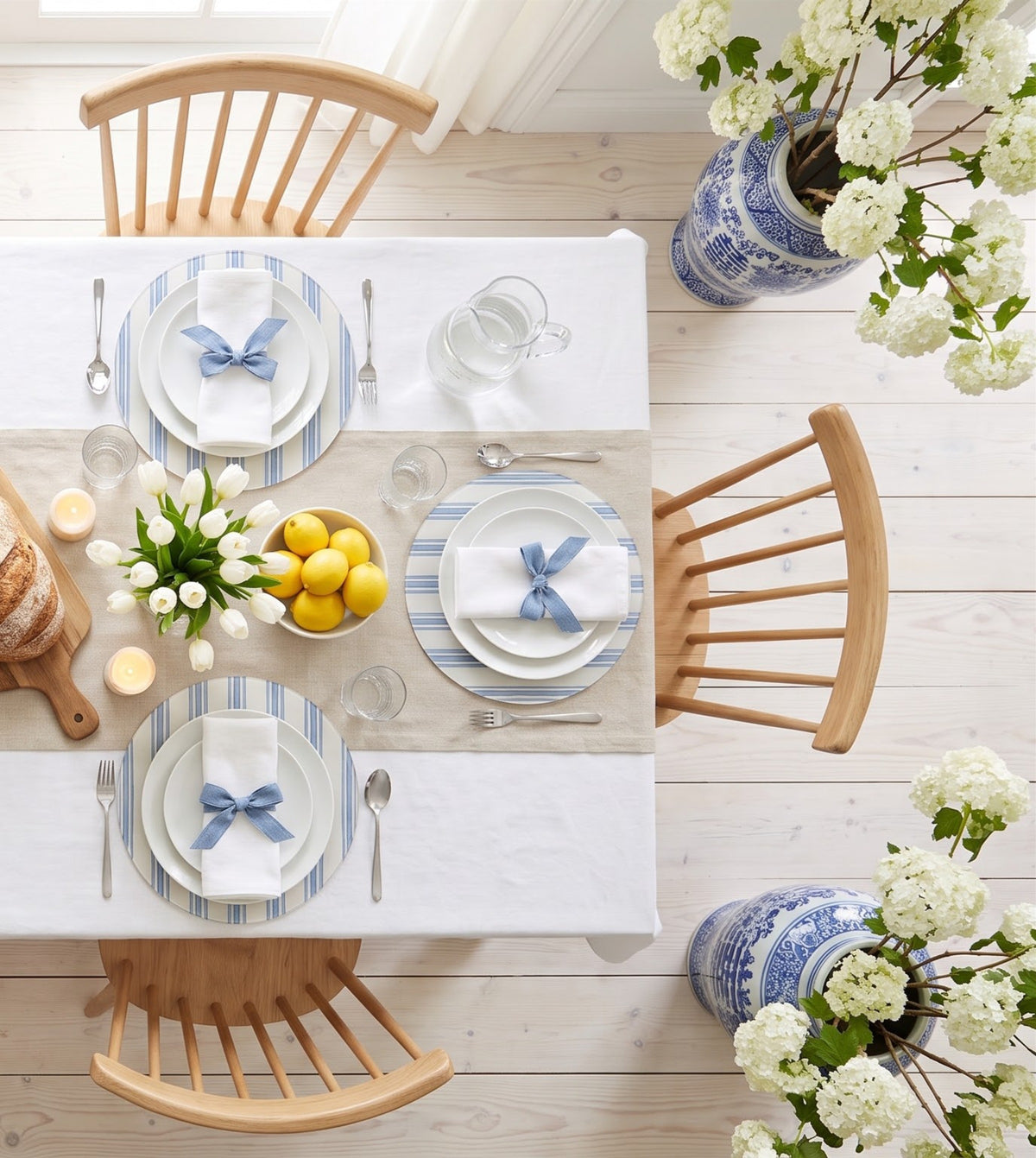 Blue Ticking Stripe round placemats, set of six on a table